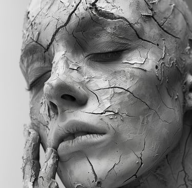 ein Frauengesicht mit bröckelnder Crememaske, die sich pellt und aussieht wie Narben