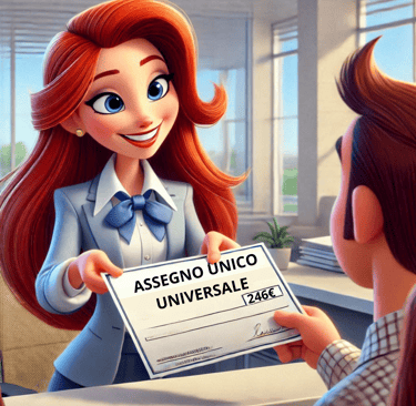Donna che consegna assegno unico universale in un ufficio.