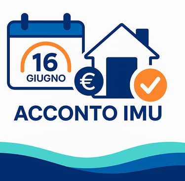 Illustrazione rappresentante la scadenza dell'acconto IMU del 16 giugno 2025, con un calendario e una casa con simbolo euro
