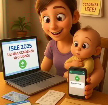 Persona seduta alla scrivania con pc portatile. Sullo schermo il testo 'ISEE 2025' con il messaggio scadenza  30 giugno