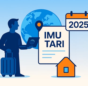 Globo, casa, documento IMU/TARI, calendario 2025, busta con ! e silhouette con valigia CAF Public