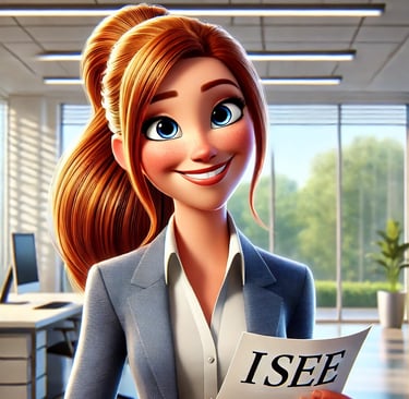Persona in abito da lavoro che tiene un documento con la scritta 'ISEE' in un ambiente d'ufficio con finestre e mobili 
