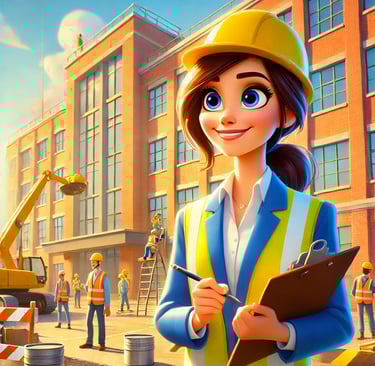Illustrazione cartoon di un cantiere edile gli operai indossano caschi e giubbotti gialli. il supervisore in primo piano