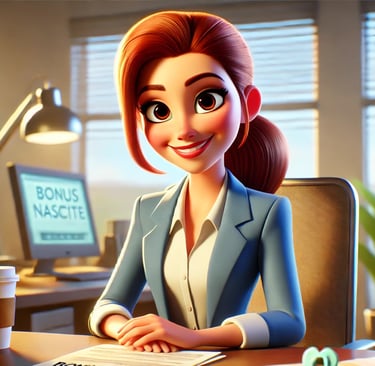 Illustrazione cartoon di un personaggio seduto a una scrivania in un ufficio con computer che mostra "bonus nascite"