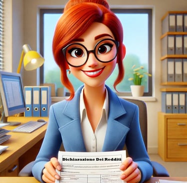 Donna dai capelli rossi Stile Cartoon tiene in mano un documento intitolato 'Dichiarazione Dei Redditi.'