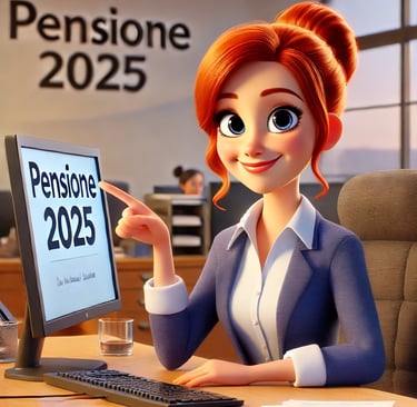 Illustrazione cartoon di una persona con capelli rossi seduta in un ufficio. Sul monitor c'è il testo 'Pensione 2025'.    