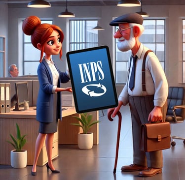 Illustrazione cartoon di una donna in abito che consegna un tablet con il logo 'INPS' a un uomo anziano con cappello.