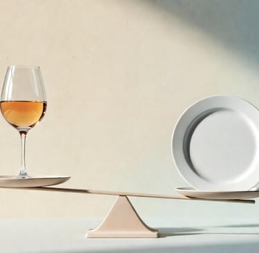 Illustration symbolisant l'alcoolorexie - balance entre verre d'alcool et assiette vide représentant