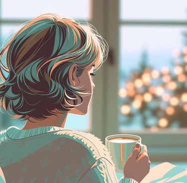 Soothing illustration of a person sitting peacefully by a window during the holidays, representing c