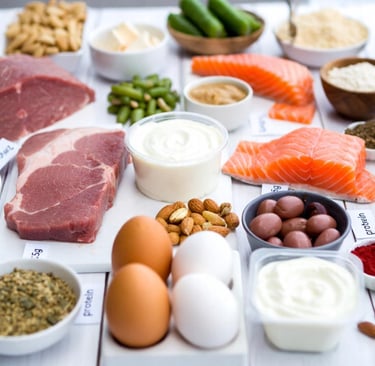 Varied protein sources for patients on GLP-1 treatment: lean meat, fish, eggs, dairy, legumes, 1.5g/