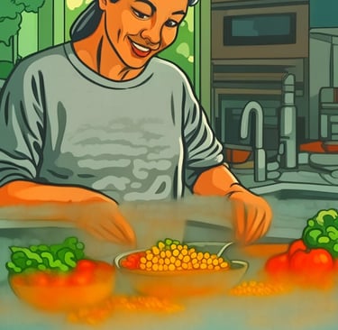 Happy menopausal woman preparing healthy balanced meal - menopause nutrition wellness