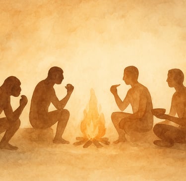 Évolution humaine et continuité de l'acte de se nourrir - illustration aquarelle philosophique repré