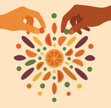 Mains créatives arrangeant aliments colorés approche ludique thérapeutique Paris