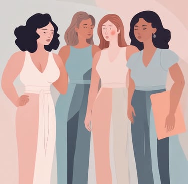 Illustration of diverse women promoting body positivity, with a mirror symbolizing beauty standards,