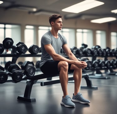 Photo d’une personne réfléchissant en salle de sport, soulignant la guérison de la bigorexie par un