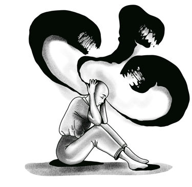 a woman sitting with her hand on her head