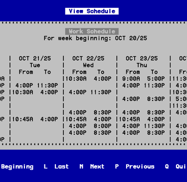 Sample restaurant staff shift schedule displayed on oneSystem scheduling screen