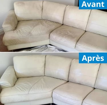Photo avanr et après le nettoyage d'un canapé blanc ! Remis à neuf