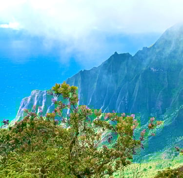 a mountain view of a mountain range with a view of the ocean