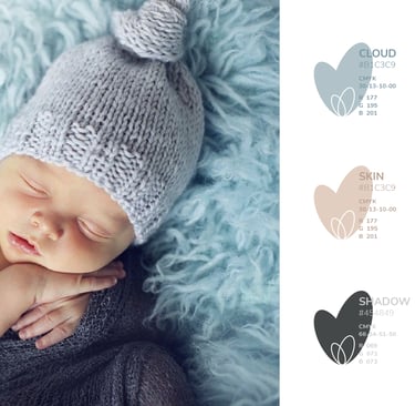 Cute and gentle Logo and Brand Identity for baby store Mommy's Hero, color palette, newborn baby on a soft blue karpet