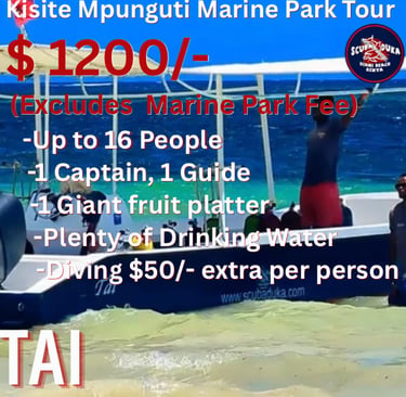 Kisite Mpunguti Marine Park boat tour advertisement for Scuba Duka Diani Beach Kenya.