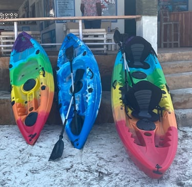 Three colorful sit-on-top kayaks leaning against a PADI diving school wall on a sandy beach.