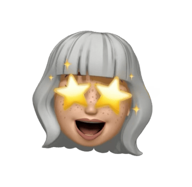 Excited Memoji with white hair, freckles, and yellow stars over eyes.