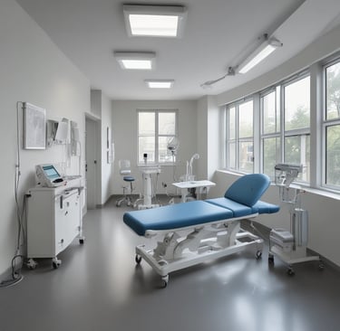 A calm, welcoming neurosurgery consultation room with medical charts and a comfortable chair.