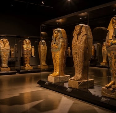 Ancient Egyptian golden sarcophagi and ornate coffins displayed in a dimly lit museum gallery.