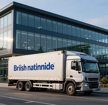 A professional and modern corporate logistics center in the United Kingdom / British Nationwide, with a high-end clean design. A silver transport truck is parked neatly near a contemporary glass office building. Bright morning sunlight reflects off the glass, highlighting deep navy and teal structural elements, conveying authority, efficiency, and compassionate service.