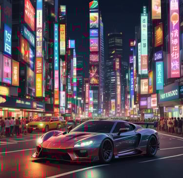 a car driving down a busy street in Tokyo