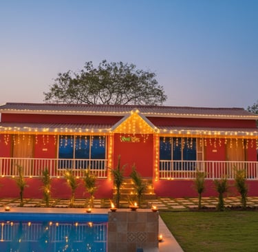 Nature’s Trinket Karjat villa decorated for Diwali with diyas and lights.