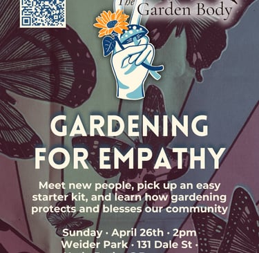 Gardening for Empathy event poster with butterflies, a floral hand illustration, and event details for Weider Park.