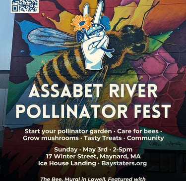 Poster for Assabet River Pollinator Fest featuring a colorful honeybee mural by Adam O'Day and Felipe Ortiz.