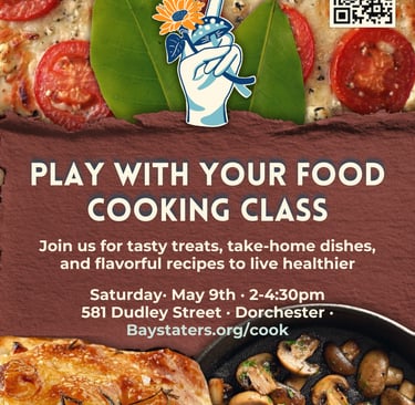Poster for a healthy cooking class in Dorchester featuring tomato pizza, focaccia, and sautéed mushrooms.