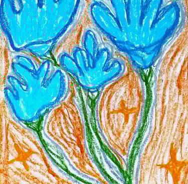 Vibrant oil pastel drawing of four bright blue flowers on green stems against an orange textured background.