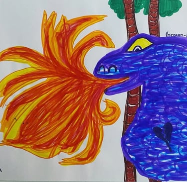 Child's drawing of a blue broken-hearted dragon breathing fire at a brave stick figure knight.