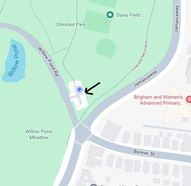 Map of Olmsted Park showing a public parking lot near Willow Pond and Jamaicaway.