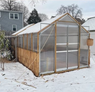 A wooden backyard greenhouse with polycarbonate panels sitting in a snowy residential garden.