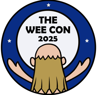 A stylized icon of a cartoon Nathanial Buttons embracing the moon, with text "The Wee Con 2025".