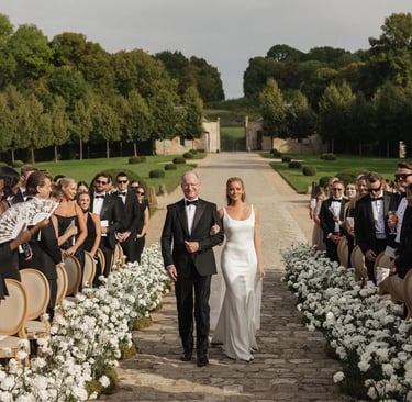Bride walking down the aisle in lace wedding gown
