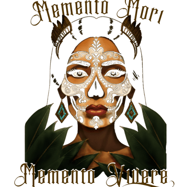 a woman with a skull mask and a gold mexica headdress behind jungle foliage