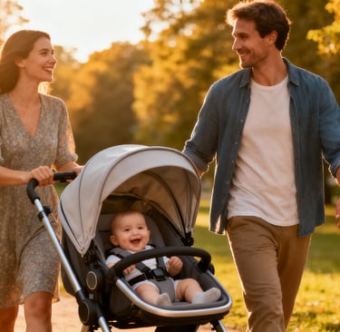 Um casal caminhando por um caminho com um bebê no carrinho