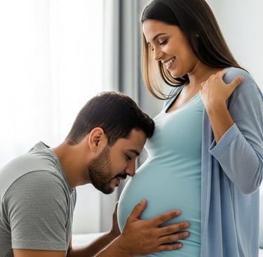 Pai conversando com a barriga da esposa grávida — vínculo e conexão emocional com o bebê
