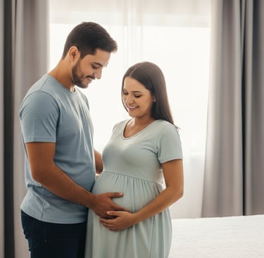 Pai colocando a mão na barriga da esposa grávida com ternura — participação ativa na gravidez