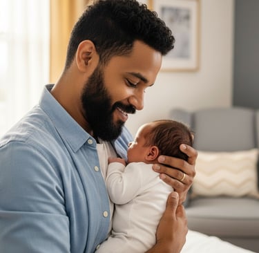 Pai amoroso segurando seu recém-nascido com ternura — paternidade ativa e presente em 2026