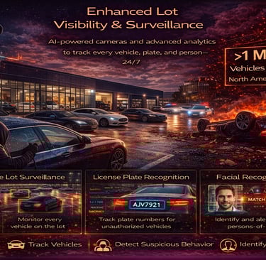 AI surveillance system tracking vehicles and license plates in dealership lot
