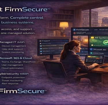FirmSecure platform showing unified IT management cybersecurity and Microsoft 365 dashboard