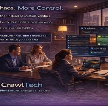 business leadership team discussing IT strategy while managed services handle systems