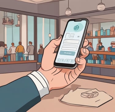 A person holds a smartphone that displays a website in French offering a simple and effective solution for managing social networks. The smartphone screen shows vibrant colors including purple and red text, and the background features green leaves.